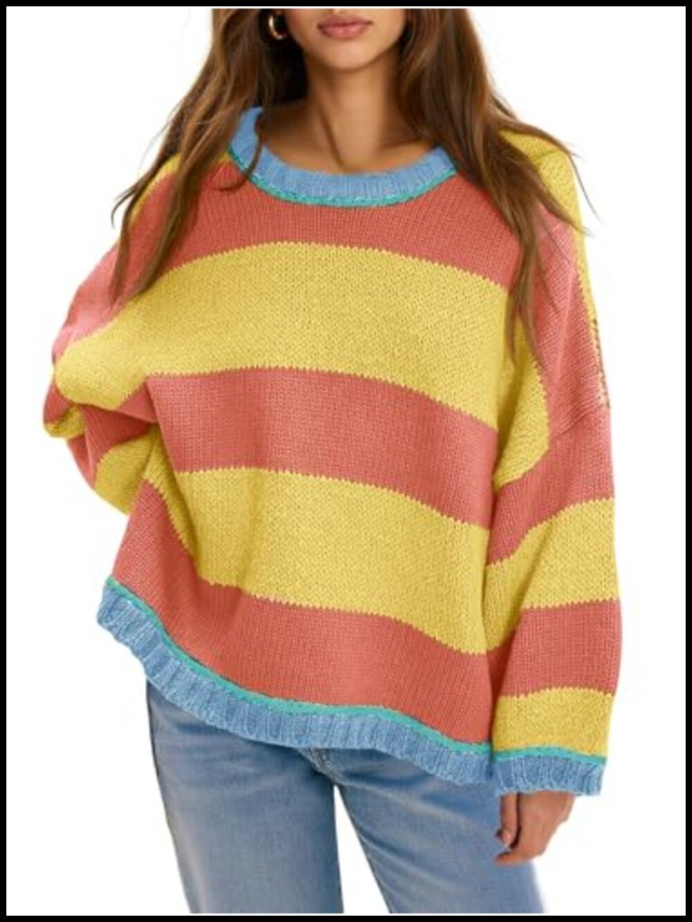 Fisoew Womens Oversized Striped Colorblock Pullover Sweater